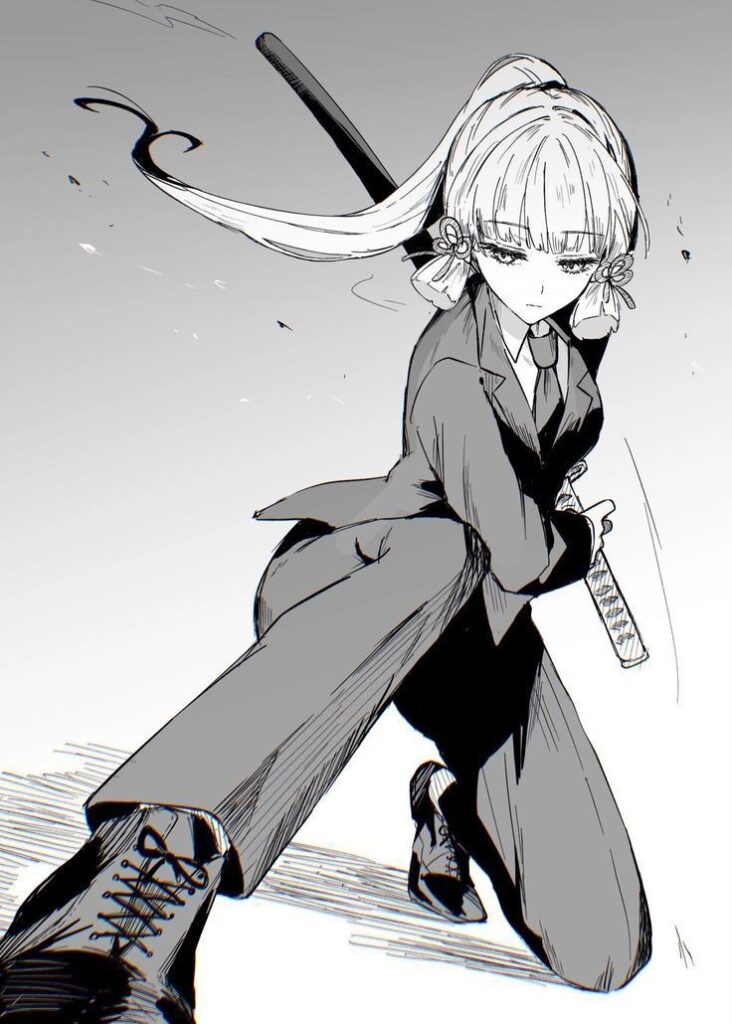 Anime warrior in a suit wielding a katana, mid-action with dynamic pose, long hair flowing, black and white illustration style.