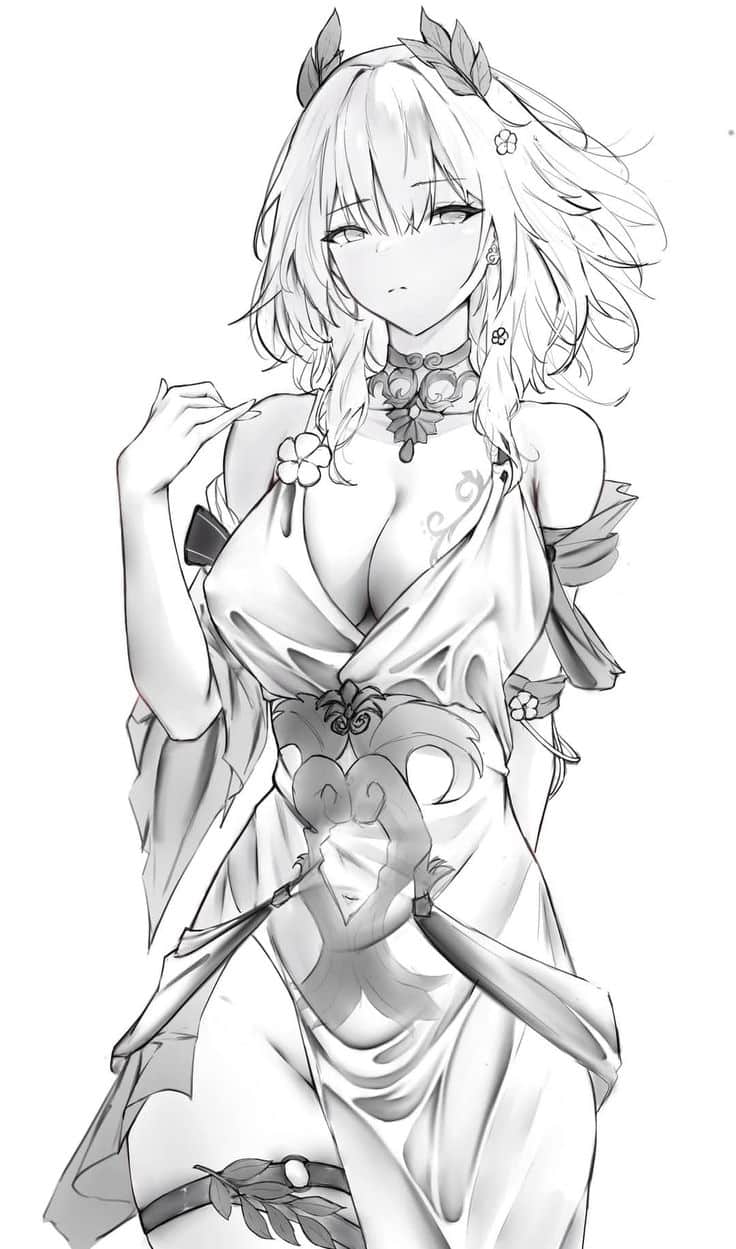 Anime character with floral-themed outfit and flowing hair, artistic black-and-white illustration. Fantasy style, intricate design details.