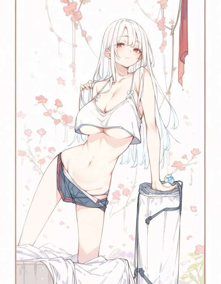 Anime-style illustration of a character with long hair and casual attire, set against a floral background.