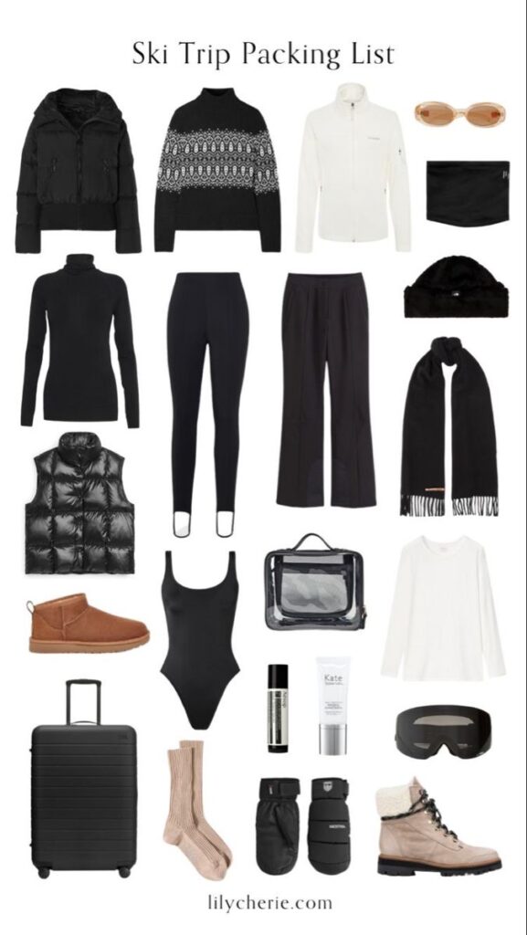 Ski trip essentials: jackets, sweaters, boots, ski pants, sunglasses, gloves, scarf, and suitcase. Perfect packing list for a winter adventure.