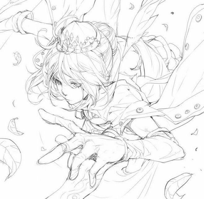 _ 21 Fantasy art sketch of an elf with a crown and flowing hair, dynamic pose, surrounded by swirling leaves. Mystical and enchanting atmosphere. | Sky Rye Design Fantasy art sketch of an elf with a crown and flowing hair, dynamic pose, surrounded by swirling leaves. Mystical and enchanting atmosphere.