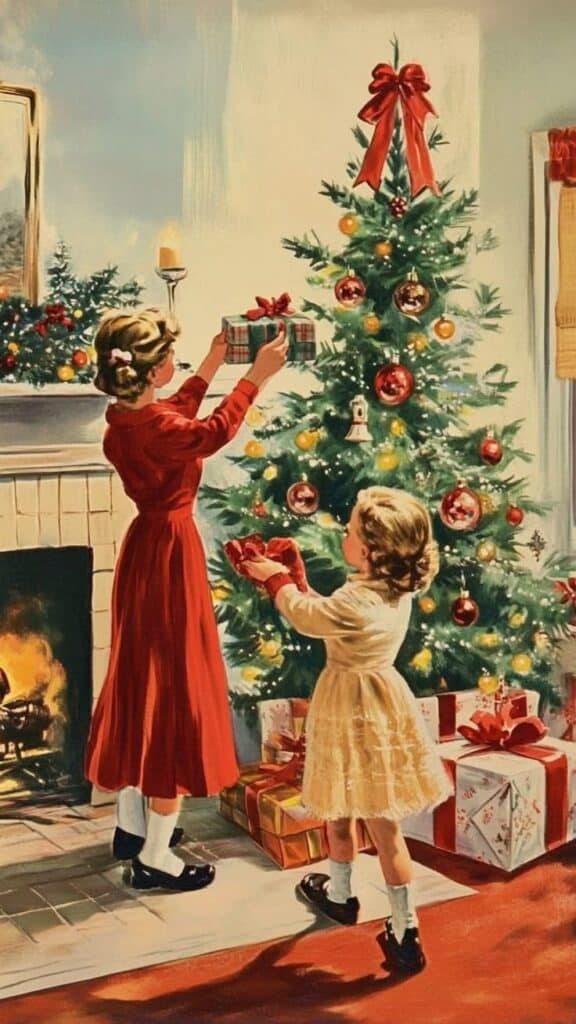 Vintage Christmas scene with two girls decorating a tree by the fireplace, surrounded by gifts and holiday cheer.