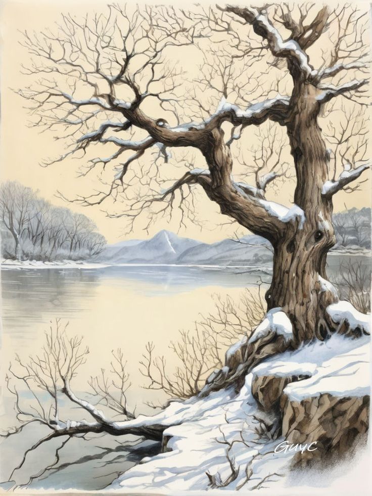 _ 21 Snow-covered tree by a serene riverbank in winter, with distant mountains under a pale sky. Peaceful nature scenery. | Sky Rye Design Snow-covered tree by a serene riverbank in winter, with distant mountains under a pale sky. Peaceful nature scenery.