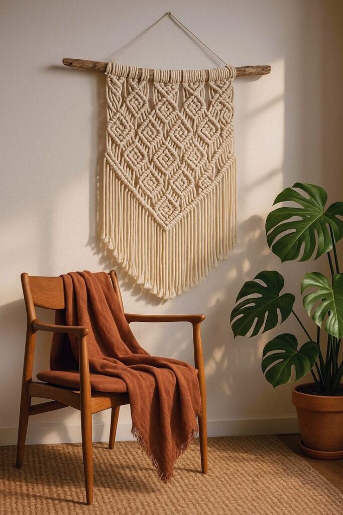 Cozy modern room with macramé wall hanging, wooden chair draped in a rust blanket, and a potted monstera plant.