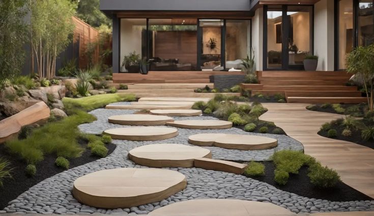 Modern backyard with stone pathway, wooden deck, and lush greenery leading to a contemporary house with large glass windows.