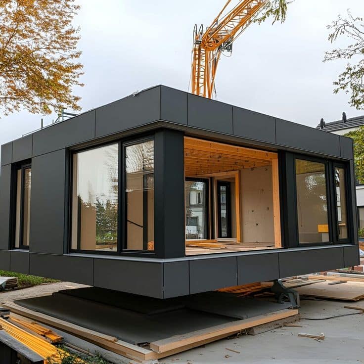 21 Construction Types and Methods to Consider for 2024 Modern prefab modular home with large windows being assembled by a crane on-site. | Sky Rye Design Modern prefab modular home with large windows being assembled by a crane on-site.