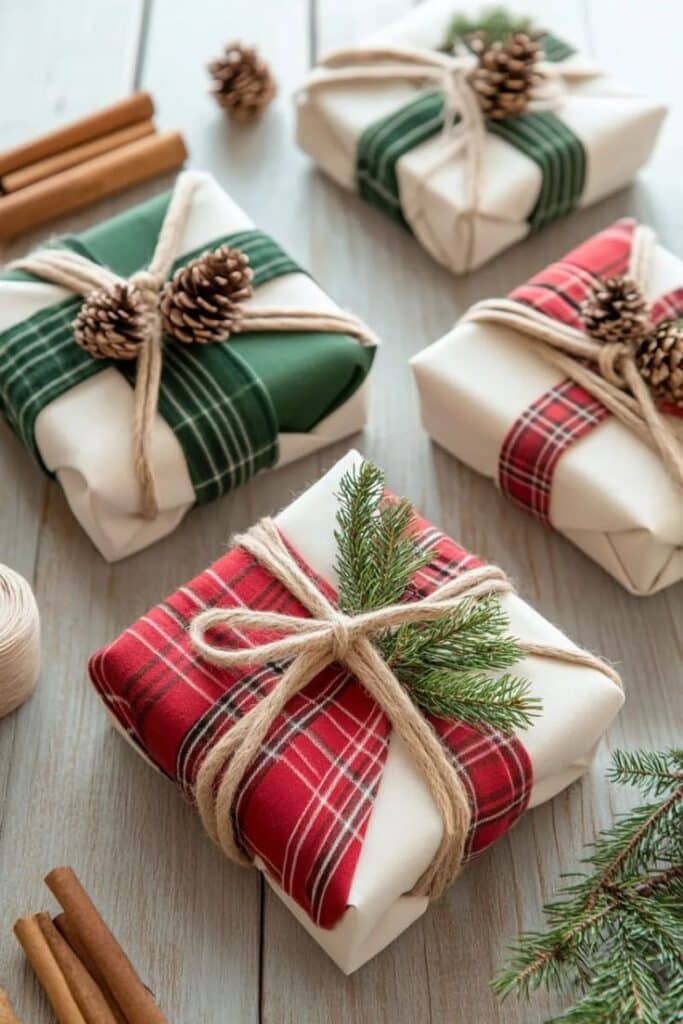 21 Stylish Furoshiki Christmas Gift Wrap Ideas Youll Love Festive Christmas gifts wrapped in plaid cloth with pinecones and twine on wood surface, featuring green and red holiday decor. | Sky Rye Design Festive Christmas gifts wrapped in plaid cloth with pinecones and twine on wood surface, featuring green and red holiday decor.