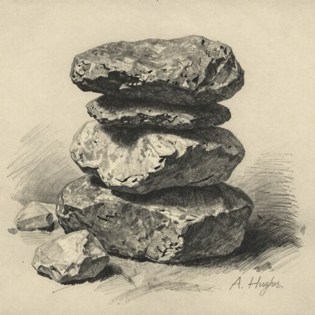 Hand-drawn sketch of stacked stones, creating a balanced sculpture by artist A. Hughes, showcasing texture and intricate shading.