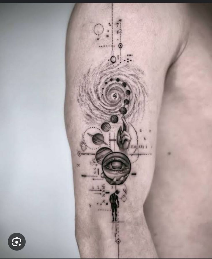Abstract tattoo design featuring a cosmic spiral, an eye, and planets on an arm.