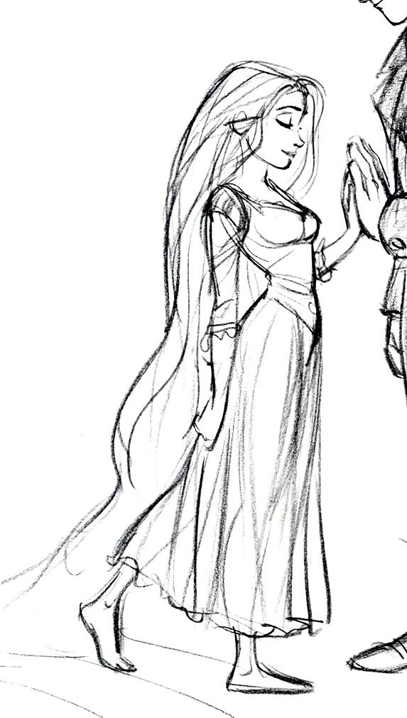 _ 22 Sketch of a woman with long flowing hair in a flowing dress reaching out to someone off-frame, exuding grace and elegance. | Sky Rye Design Sketch of a woman with long flowing hair in a flowing dress reaching out to someone off-frame, exuding grace and elegance.