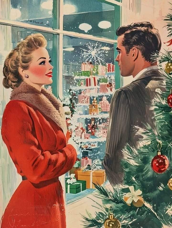 Retro couple enjoying holiday window shopping beside a decorated Christmas tree with snowflakes and gift displays in the background.