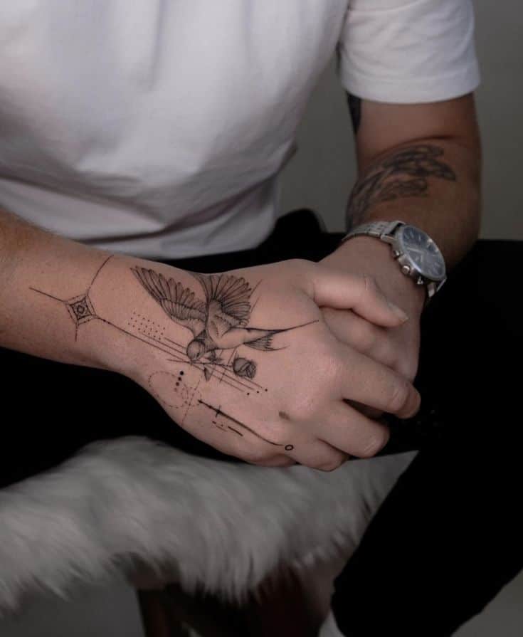 _ 22 Hand tattoo featuring a bird design, with person wearing a watch and white shirt. Close-up shot showcasing detailed art. | Sky Rye Design Hand tattoo featuring a bird design, with person wearing a watch and white shirt. Close-up shot showcasing detailed art.