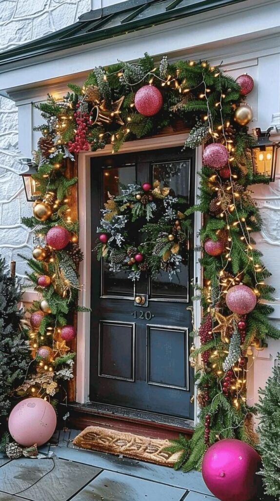 _ 22 Festive holiday door with wreath, lights, and colorful ornaments creating a warm, inviting Christmas atmosphere. | Sky Rye Design Festive holiday door with wreath, lights, and colorful ornaments creating a warm, inviting Christmas atmosphere.