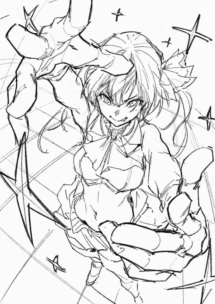 _ 22 Dynamic anime character sketch with fierce expression and outstretched hands, surrounded by sparkles and dynamic lines. | Sky Rye Design Dynamic anime character sketch with fierce expression and outstretched hands, surrounded by sparkles and dynamic lines.