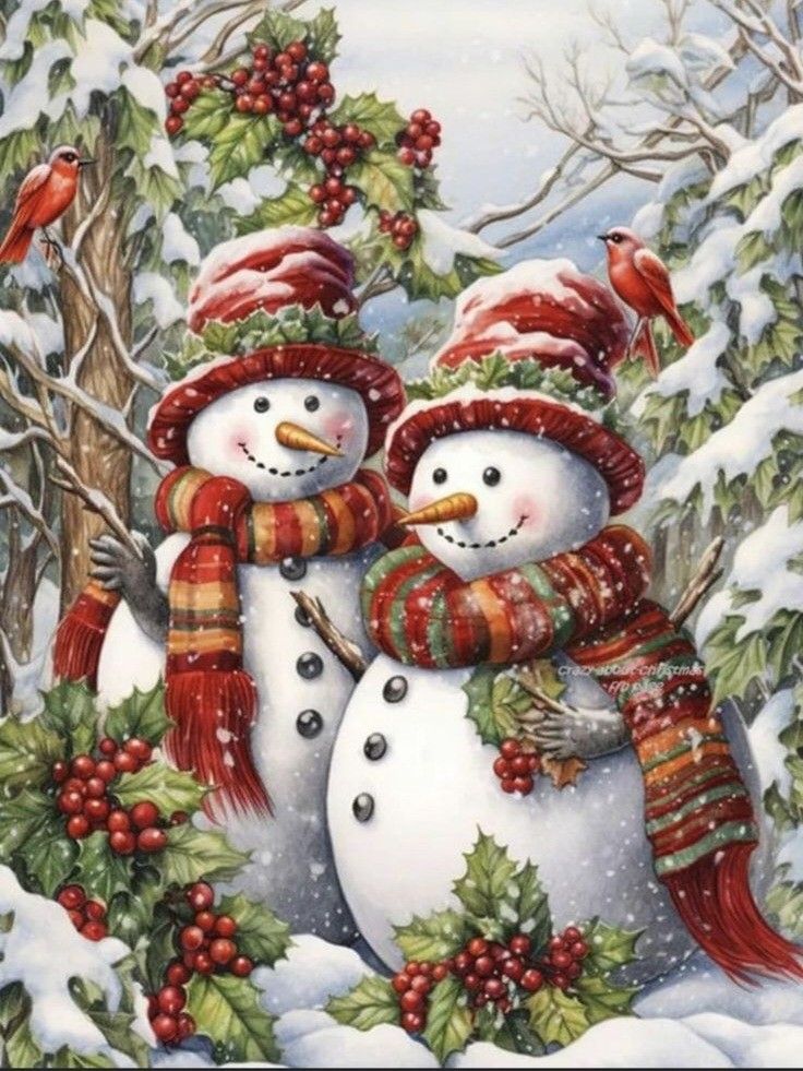 _ 23 Festive snowmen in colorful scarves and hats surrounded by holly and snow, with two red birds perched on branches nearby. | Sky Rye Design Festive snowmen in colorful scarves and hats surrounded by holly and snow, with two red birds perched on branches nearby.
