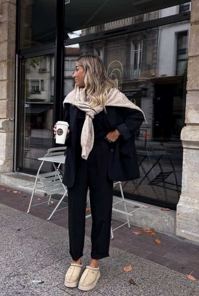 Woman in fall fashion with coffee cup stands outside a cafe, wearing a black outfit and beige shawl.