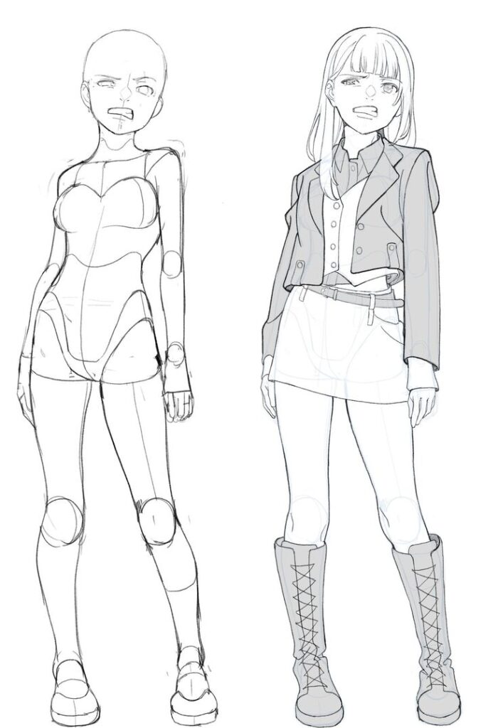 Anime character sketch comparison: unfinished model vs. completed, detailed girl in fashionable outfit and boots.