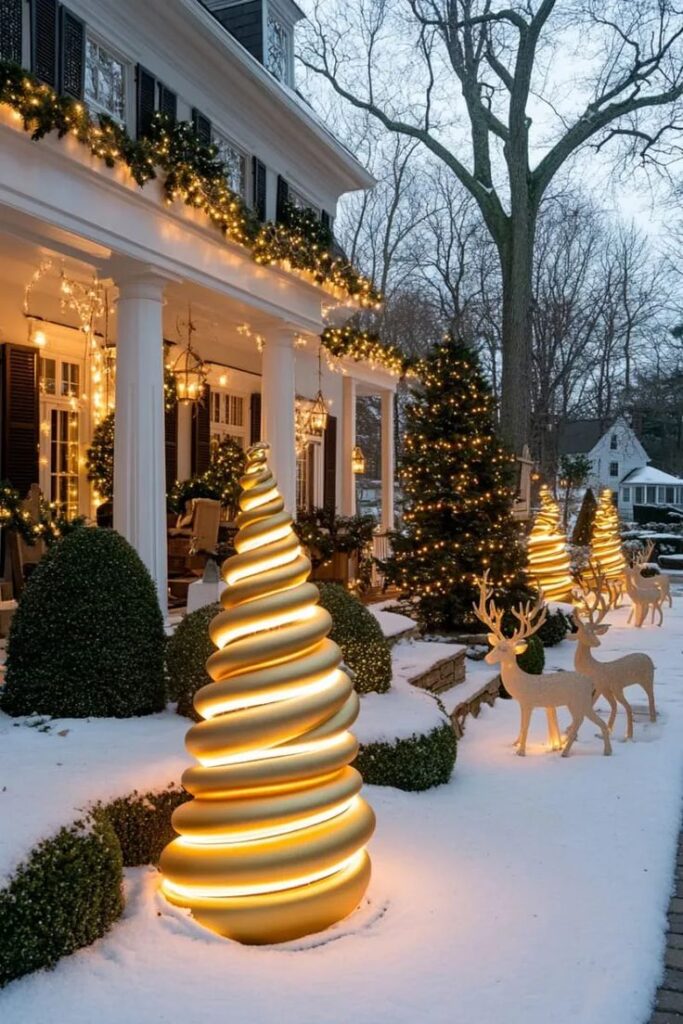 Festive house exterior with glowing spiral trees, reindeer decorations, and Christmas lights illuminating snow-covered landscape.