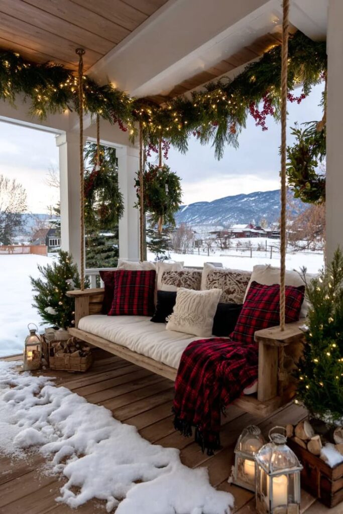 Cozy porch swing with festive garlands, plaid pillows, and snow-covered view, creating a perfect winter retreat with mountain scenery.