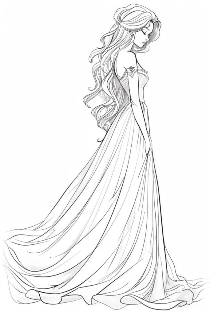 _ 24 Elegant line art of a woman in a flowing gown, showcasing long wavy hair and a graceful pose, exuding timeless beauty and sophistication. | Sky Rye Design Elegant line art of a woman in a flowing gown, showcasing long wavy hair and a graceful pose, exuding timeless beauty and sophistication.