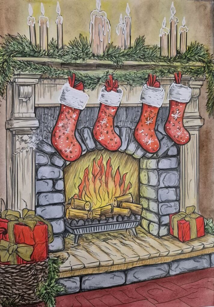 _ 24 Cozy Christmas fireplace with four red stockings, festive garland, glowing candles, and wrapped gifts, creating a warm holiday scene. | Sky Rye Design Cozy Christmas fireplace with four red stockings, festive garland, glowing candles, and wrapped gifts, creating a warm holiday scene.