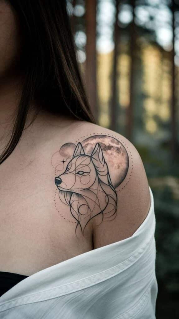 _ 24 Geometric wolf tattoo on shoulder with moon backdrop, blending art and nature. | Sky Rye Design Geometric wolf tattoo on shoulder with moon backdrop, blending art and nature.