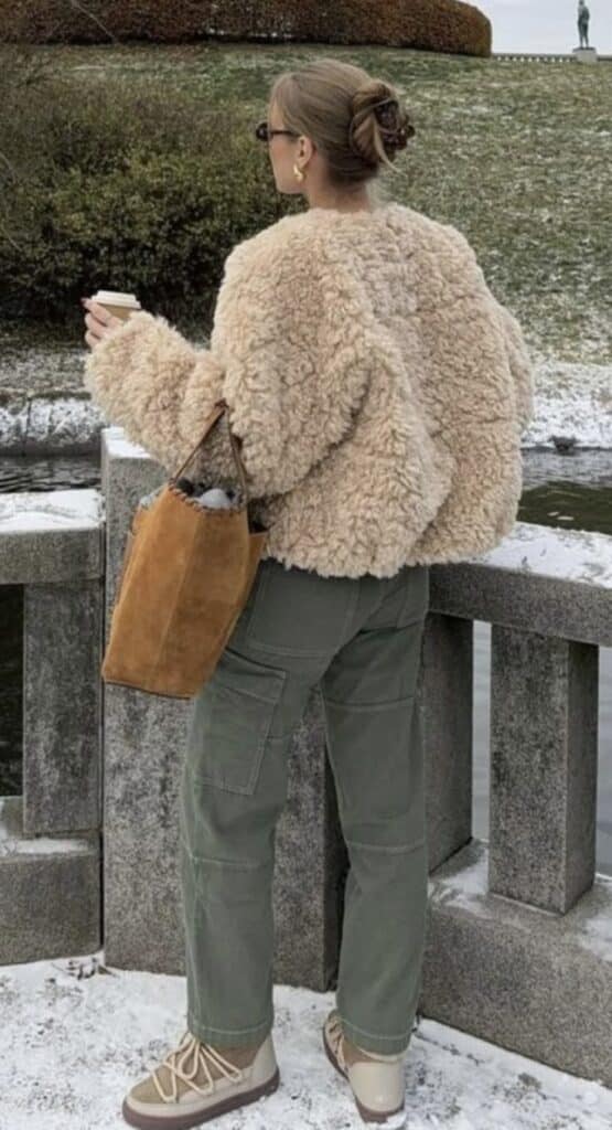 Woman in cozy winter outfit, brown furry jacket, green pants, holding coffee, outdoor snowy scene.