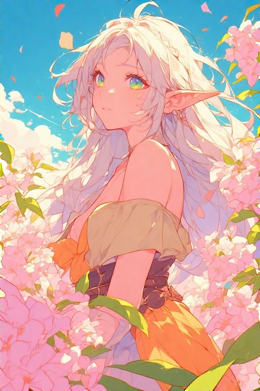 _ 24 Anime-style elf with white hair and colorful eyes, standing amid pink flowers against a vibrant blue sky. Fantasy art illustration. | Sky Rye Design Anime-style elf with white hair and colorful eyes, standing amid pink flowers against a vibrant blue sky. Fantasy art illustration.