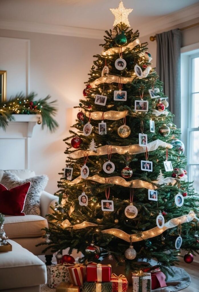 Decorated Christmas tree with star topper and photo ornaments, surrounded by wrapped gifts in a cozy living room setting.