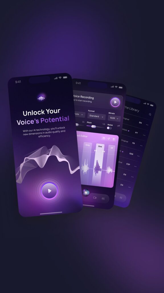241fa2d5a1075846cf4c438973aaba01 Mobile app interface showcasing AI voice enhancement features and voice recording options in a modern, purple-themed design. | Sky Rye Design Mobile app interface showcasing AI voice enhancement features and voice recording options in a modern, purple-themed design.