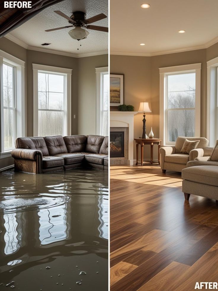 Flood-damaged living room before renovation and transformed cozy space with new flooring and furniture after restoration.