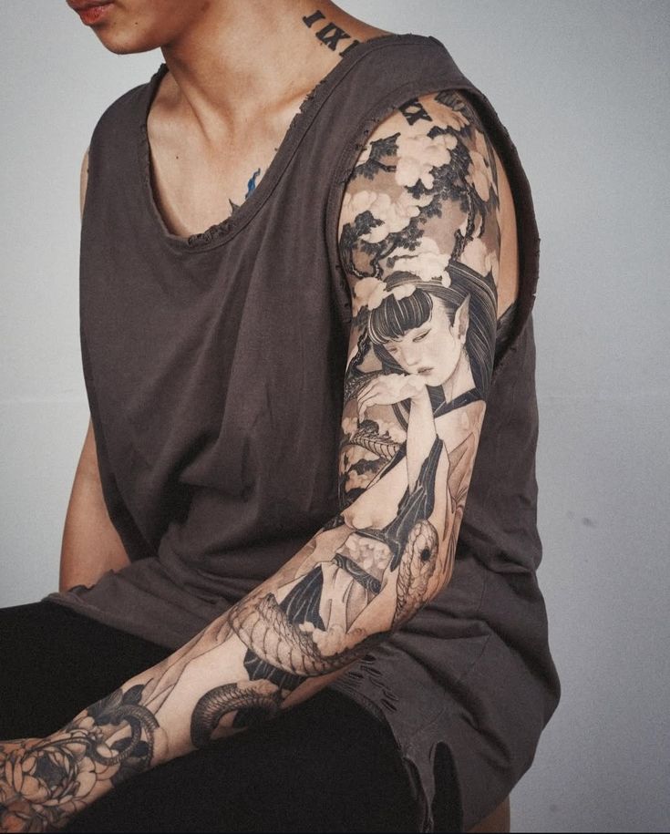 24dce8b09cd13bcb3ea7d5f076e66527 Person with intricate Japanese-style full sleeve tattoo on a bare arm, featuring a woman and nature motifs, seated in a sleeveless top. | Sky Rye Design Person with intricate Japanese-style full sleeve tattoo on a bare arm, featuring a woman and nature motifs, seated in a sleeveless top.