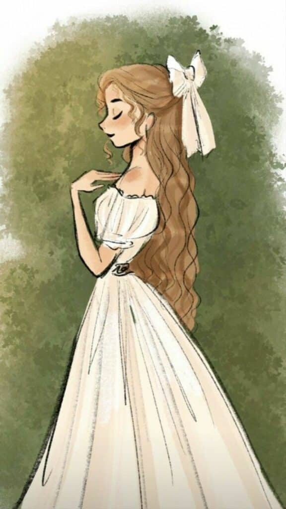 _ 25 Elegant illustration of a young woman in a white dress with long hair, poised gracefully against a green background. | Sky Rye Design Elegant illustration of a young woman in a white dress with long hair, poised gracefully against a green background.
