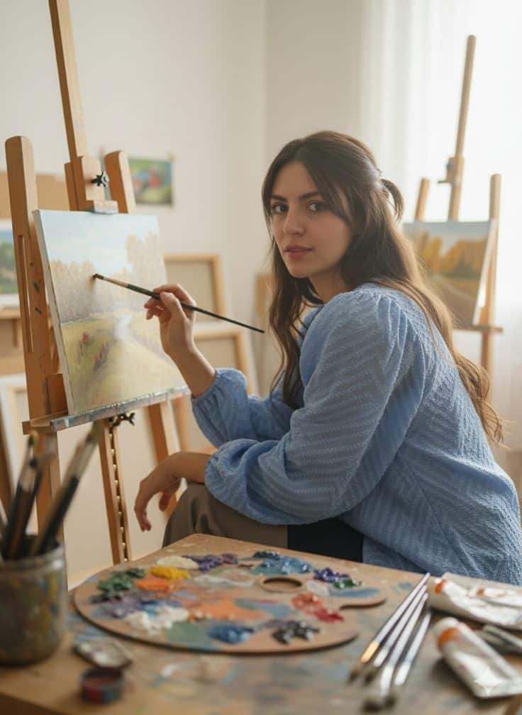 Woman painting landscape on canvas in art studio, wearing blue sweater, surrounded by colorful paint palette and brushes.