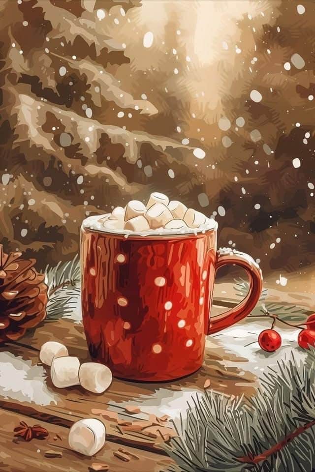 _ 25 Red mug of hot chocolate with marshmallows on a wooden table, surrounded by snow, pinecones, and festive berries in a winter scene. | Sky Rye Design Red mug of hot chocolate with marshmallows on a wooden table, surrounded by snow, pinecones, and festive berries in a winter scene.