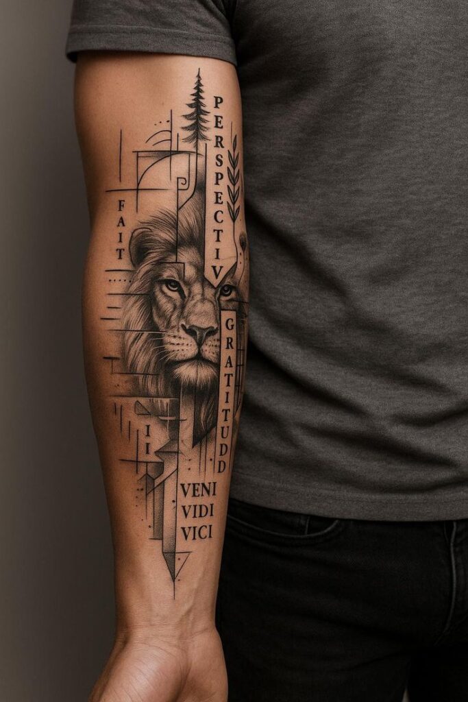 _ 25 Forearm tattoo featuring a lion with geometric designs and text including Perspective and Veni Vidi Vici. | Sky Rye Design Forearm tattoo featuring a lion with geometric designs and text including Perspective and Veni Vidi Vici.