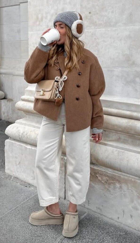 Woman in cozy winter outfit with brown coat, earmuffs, white pants, sipping coffee outdoors.
