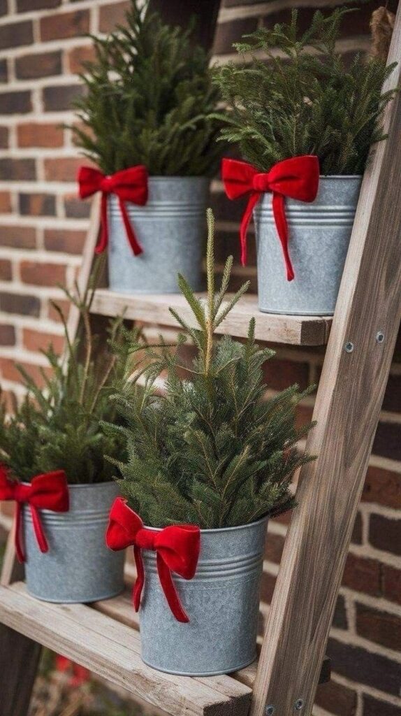 _ 25 Festive small evergreens in metal buckets with red bows on ladder, against brick wall background. Christmas decoration. | Sky Rye Design Festive small evergreens in metal buckets with red bows on ladder, against brick wall background. Christmas decoration.