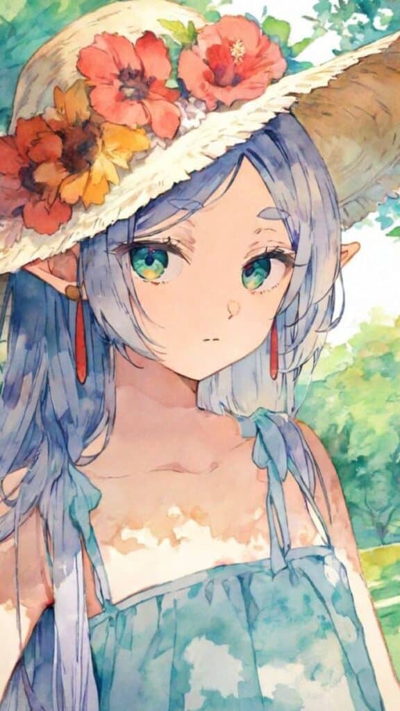 _ 25 Anime-style girl with blue hair, wearing a floral hat and blue dress, stands outdoors with a serene expression. Vibrant watercolor art. | Sky Rye Design Anime-style girl with blue hair, wearing a floral hat and blue dress, stands outdoors with a serene expression. Vibrant watercolor art.