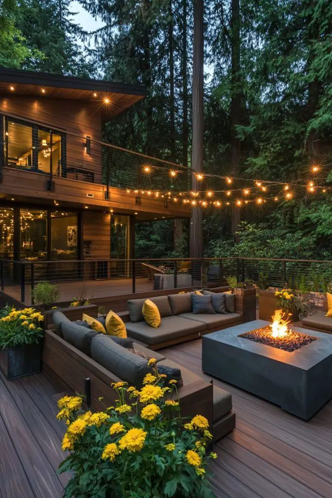 Modern patio with cozy seating, fire pit, string lights, and vibrant flowers, surrounded by lush forest for a serene outdoor retreat.