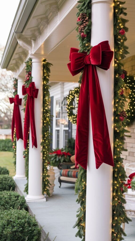 Festive porch decorated with red bows, garlands, and lights for Christmas. Holiday decorations on white columns, adding warmth and charm.