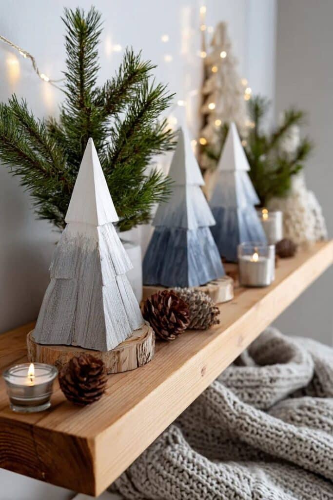 Wooden Christmas trees and pinecones adorn a cozy shelf, enhanced by soft candlelight and warm knitted textures for festive decor ambiance.