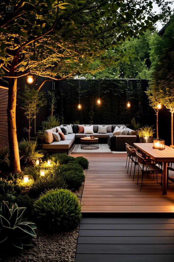 Modern backyard patio with cozy seating, wooden dining set, hanging lights, and lush greenery at night. Relaxing outdoor living space.