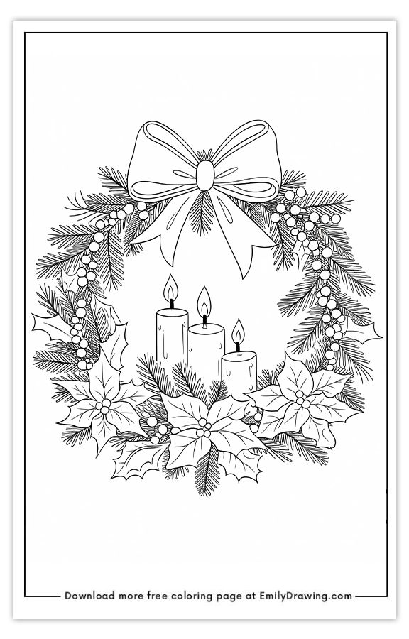Christmas wreath coloring page with candles, holly, and bow for festive holiday decoration activities.