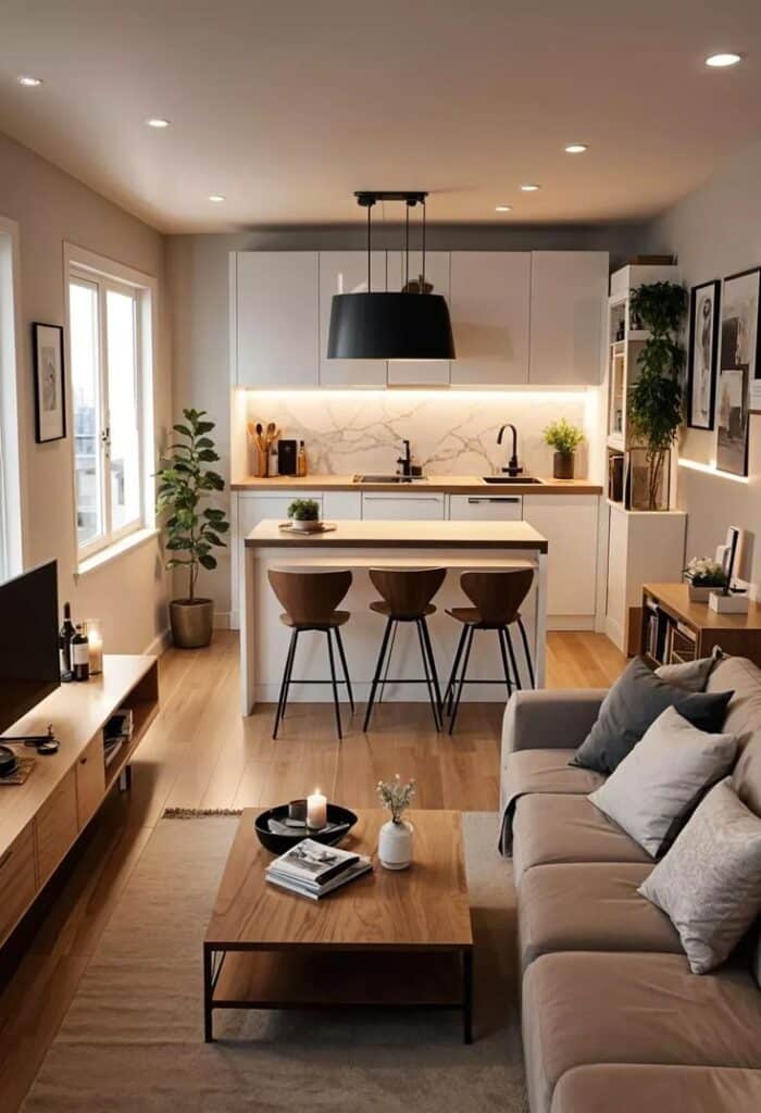 Modern open-plan living room and kitchen with white cabinets, wooden accents, island seating, and cozy decor elements. Bright and inviting space.