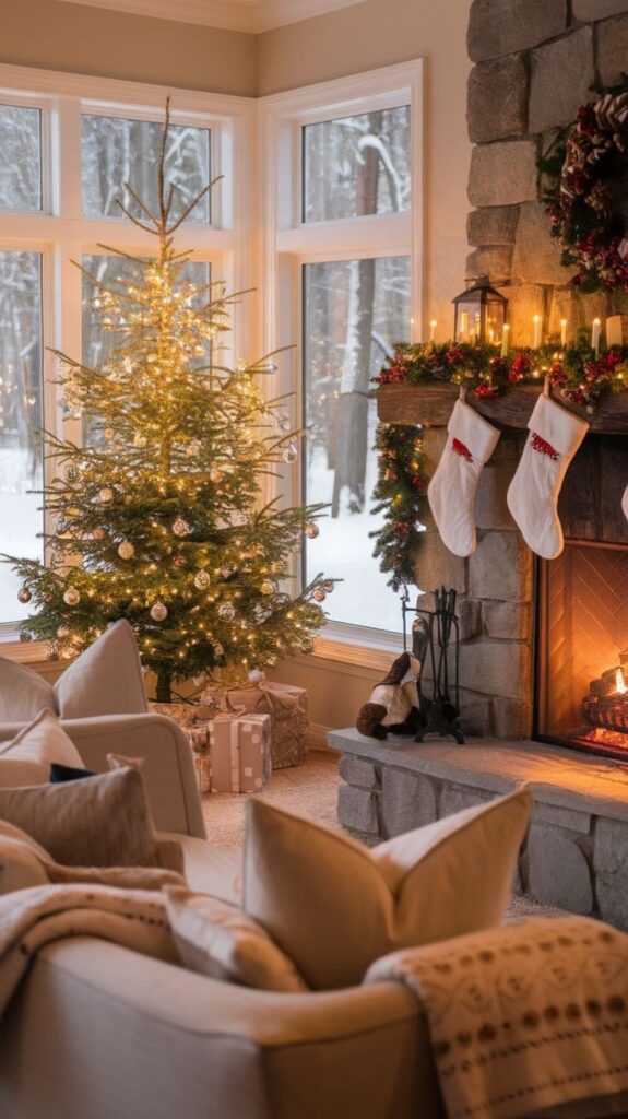25+ Moody Christmas Decor Ideas for a Sophisticated Living Room Cozy living room with a lit Christmas tree, gifts, and a stone fireplace adorned with stockings and candles, creating a warm holiday ambiance. | Sky Rye Design Cozy living room with a lit Christmas tree, gifts, and a stone fireplace adorned with stockings and candles, creating a warm holiday ambiance.