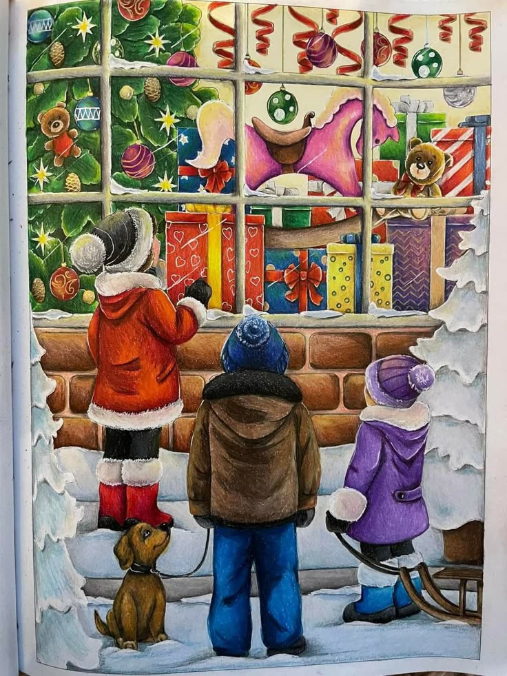 Children and a dog gaze through a frosty window at a decorated Christmas tree and colorful gifts, with snow all around.