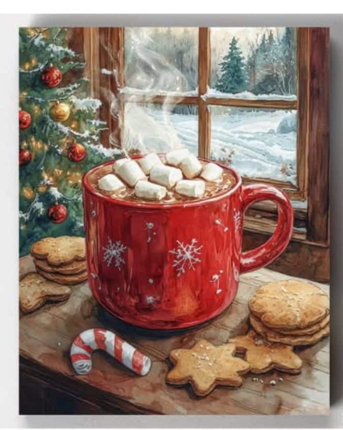 _ 26 Cozy winter scene with a red mug of hot chocolate topped with marshmallows, surrounded by cookies and a Christmas tree by the snowy window. | Sky Rye Design Cozy winter scene with a red mug of hot chocolate topped with marshmallows, surrounded by cookies and a Christmas tree by the snowy window.