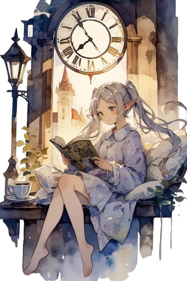 _ 26 Anime girl reading under a vintage clock in a cozy setting, surrounded by soft pillows and a cup of tea, with a scenic backdrop. | Sky Rye Design Anime girl reading under a vintage clock in a cozy setting, surrounded by soft pillows and a cup of tea, with a scenic backdrop.