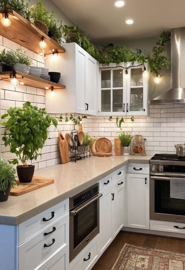 Modern kitchen with white cabinets, lush green plants, wooden shelves, and stainless steel appliances under warm lighting.